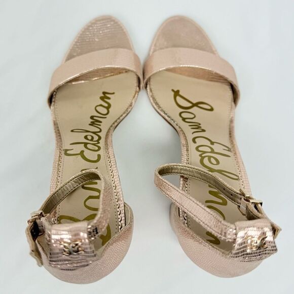 Sam Edelman YARO Rose Gold Leather Metallic Reptile Chunky 4" Open Toe Sandals - Picture 12 of 16